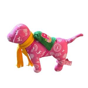 PINK Victoria's Secret Y2K 2007 Mini Toy Dog with Yellow Scarf and Green Sweater